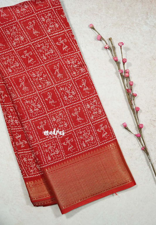 Chilli Red - Light weight Vasundra sillk with warli prints