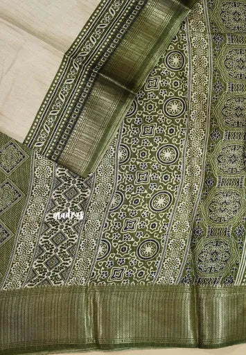 Ivory with Oilve Green - Light weight Vasundra printed silk with ajrakh pallu and blouse