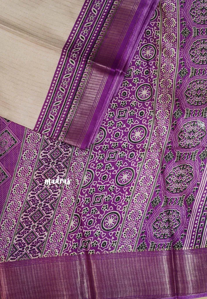Ivory with Magenta Purple - Light weight Vasundra printed silk with ajrakh pallu and blouse