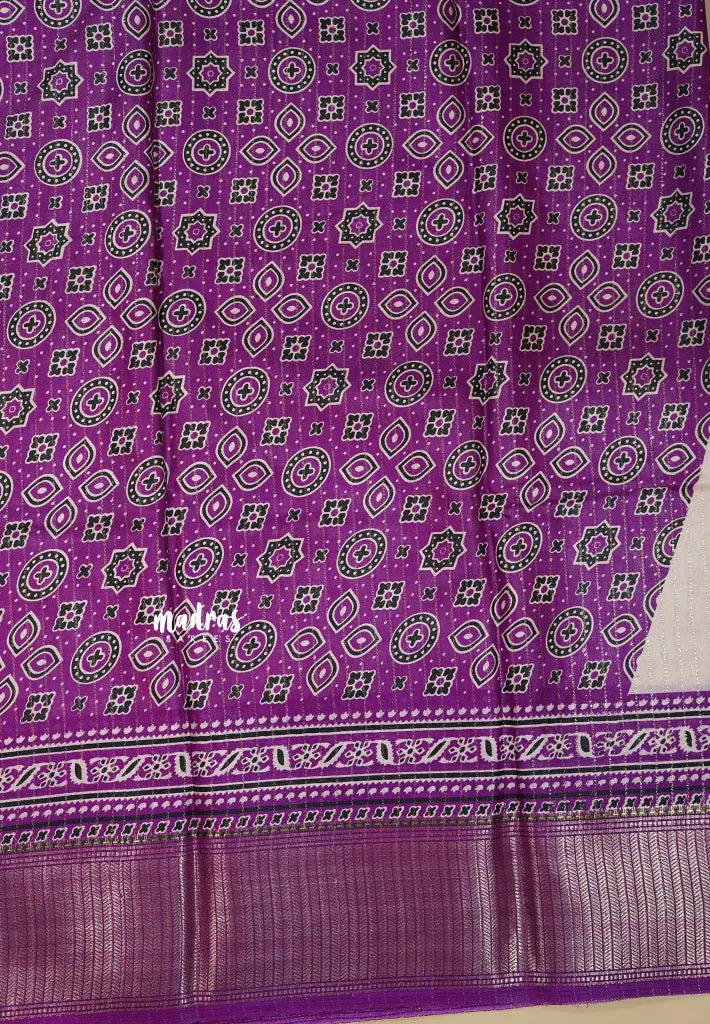 Ivory with Magenta Purple - Light weight Vasundra printed silk with ajrakh pallu and blouse