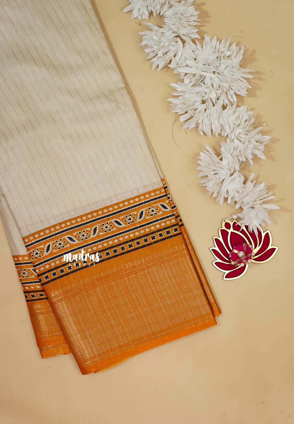 Ivory with Mustard Yellow - Light weight Vasundra printed silk with ajrakh pallu and blouse