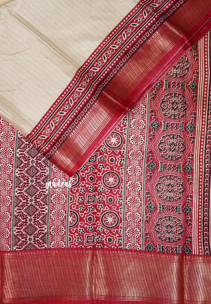 Ivory with Maroon Red - Light weight Vasundra printed silk with ajrakh pallu and blouse