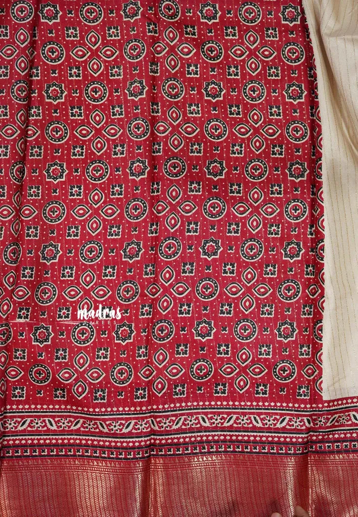 Ivory with Maroon Red - Light weight Vasundra printed silk with ajrakh pallu and blouse