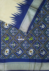 Sandal Beige with Indigo Blue - Premium Vasundra Printed Silk with Patola Prints Pallu and Blouse - Best for Casual Wear