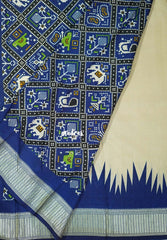 Sandal Beige with Indigo Blue - Premium Vasundra Printed Silk with Patola Prints Pallu and Blouse - Best for Casual Wear