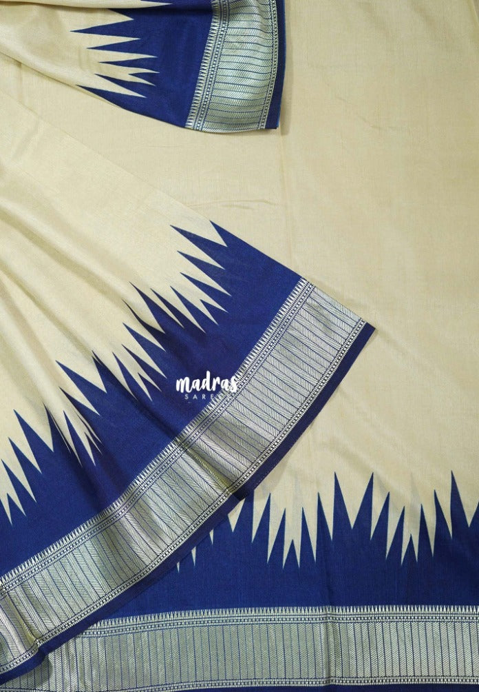 Sandal Beige with Indigo Blue - Premium Vasundra Printed Silk with Patola Prints Pallu and Blouse - Best for Casual Wear