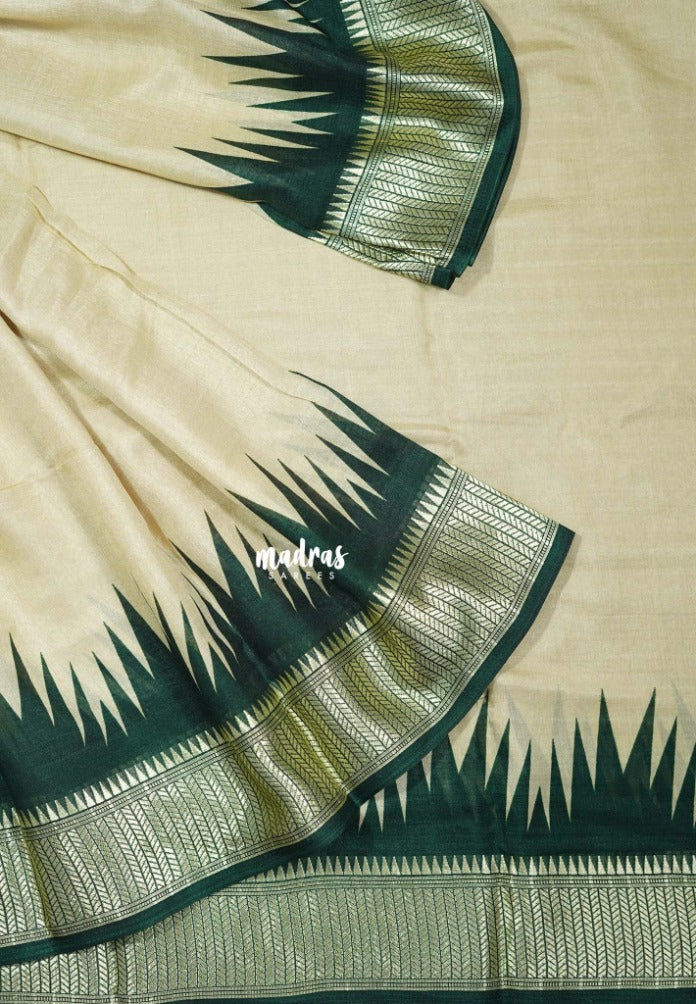 Sandal Beige with Dark Green - Premium Vasundra Printed Silk with Patola Prints Pallu and Blouse - Best for Casual Wear