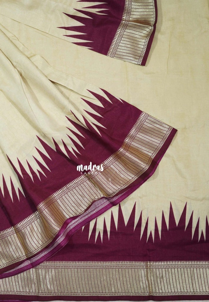 Sandal Beige with Wine Purple - Premium Vasundra Printed Silk with Patola Prints Pallu and Blouse - Best for Casual Wear