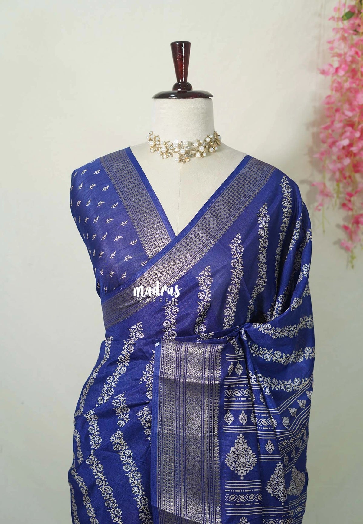 MS Amma Blue - Premium Vasundra Printed Silk with Kodi Prints and Zari Border - Best for Casual Wear