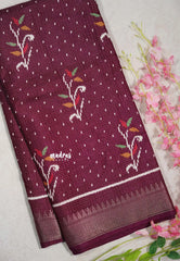 Winered - Light weight Vasundra Printed Silk with Kantha Stich Weaving with Zari Border - Best for Small Functions