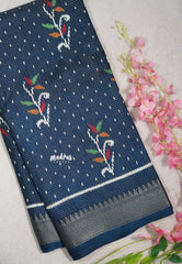 Dark Blue - Light weight Vasundra Printed Silk with Kantha Stich Weaving with Zari Border - Best for Small Functions