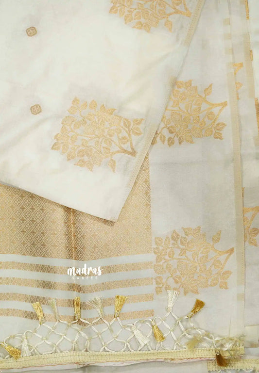 Vedha - Premium aura silk floral border - Halfwhite