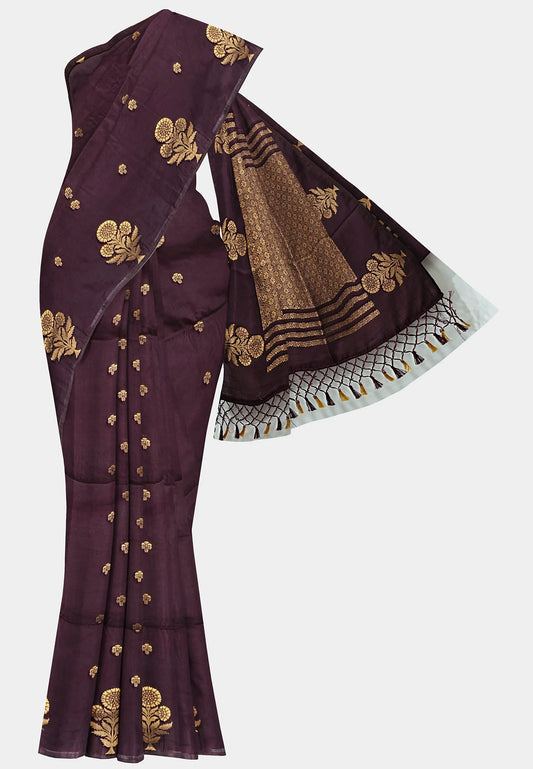 Vedha - Premium aura silk floral border - Brown