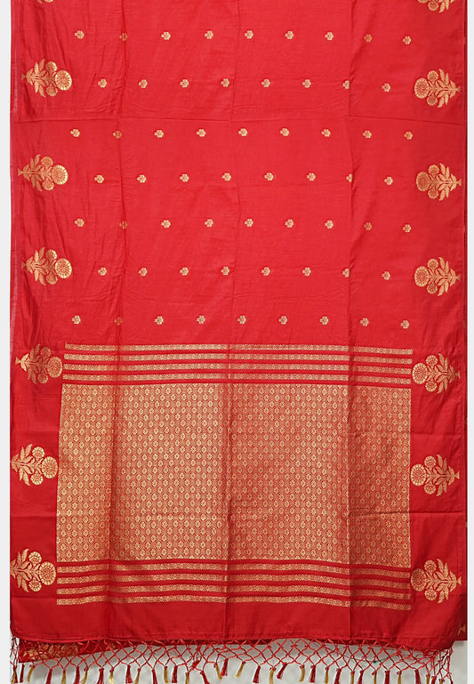 Vedha - Premium aura silk floral border - Chilli red