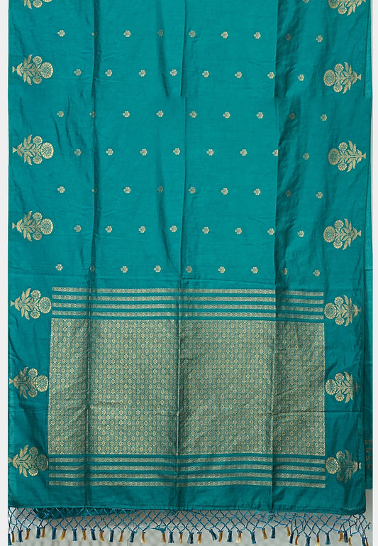 Vedha - Premium aura silk floral border - Peacock blue