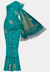 Vedha - Premium aura silk floral border - Peacock blue