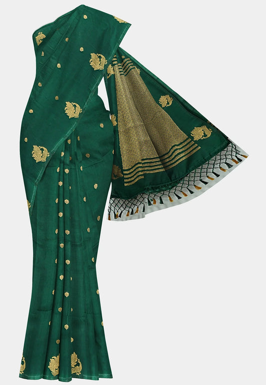 Vedha - Premium aura silk peacock border - Deep green