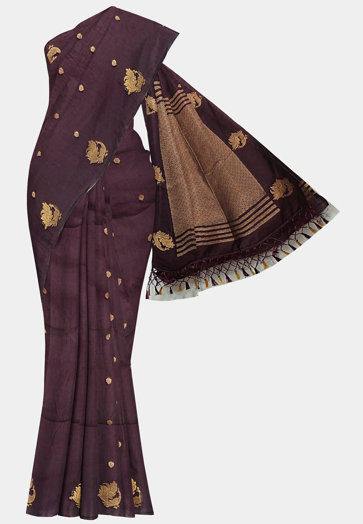 Vedha - Premium aura silk peacock border - Dark brown