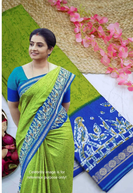 Uniform sarees Malgudi printed silk - Green with Blue