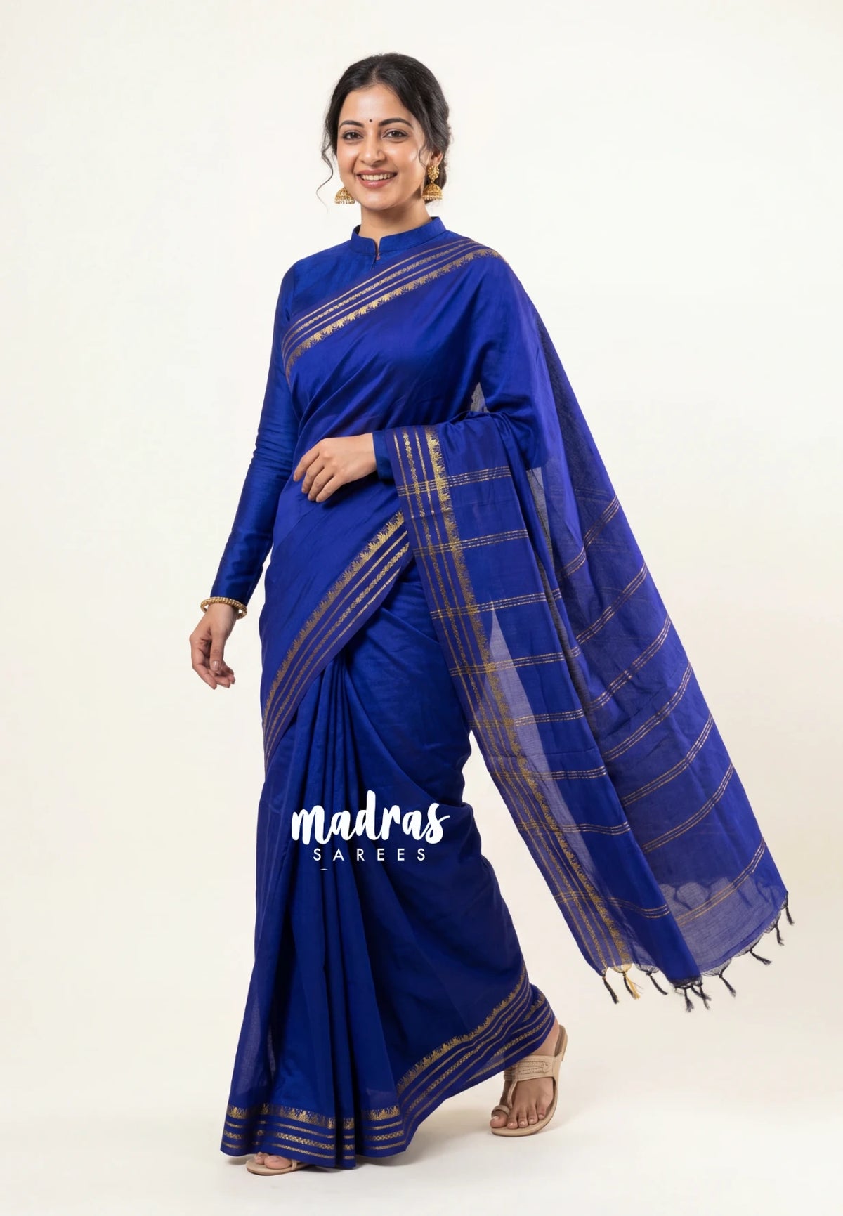 MS Amma Blue - Vintage Gadwal Silk Cotton Plain Body Multi Chain Border - Best for Small Functions