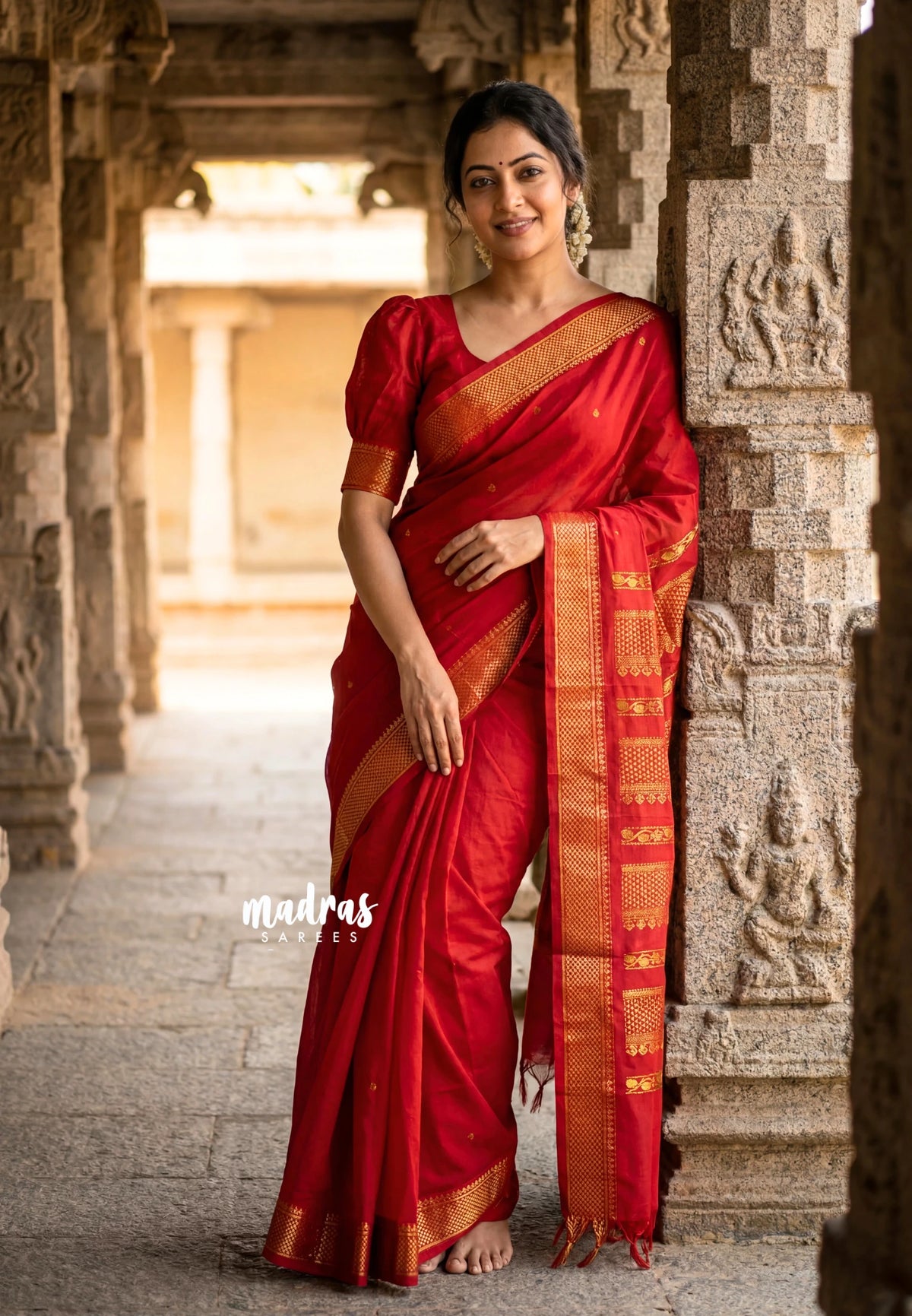 Spicy Red - Vintage Gadwal Semi Silk Muhurtham Getti Border with Buttas - Perfect for Small Functions