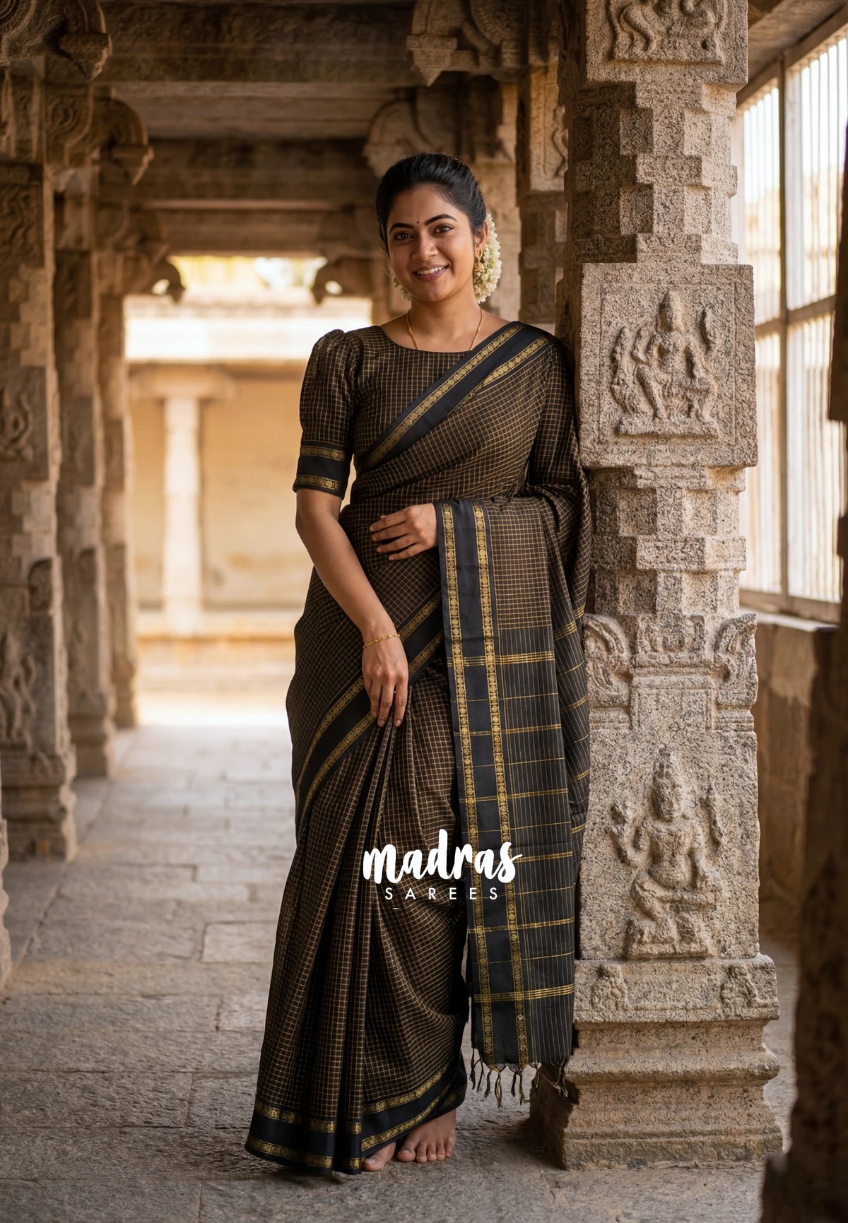 Midnight Black - Vintage Gadwal silk cotton with Muthu kattam check body Traditional Border - Best for Temple Visit