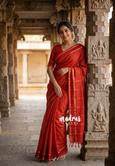 Tomato Red - Vintage Gadwal silk cotton with Muthu kattam check body Traditional Border - Best for Temple Visit