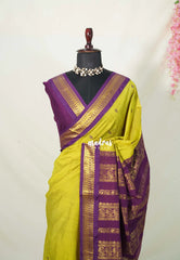 Soft Lime green with purple-D2 - Vintage Gadwal silk cotton with contrast pallu - Best for Wedding Functions
