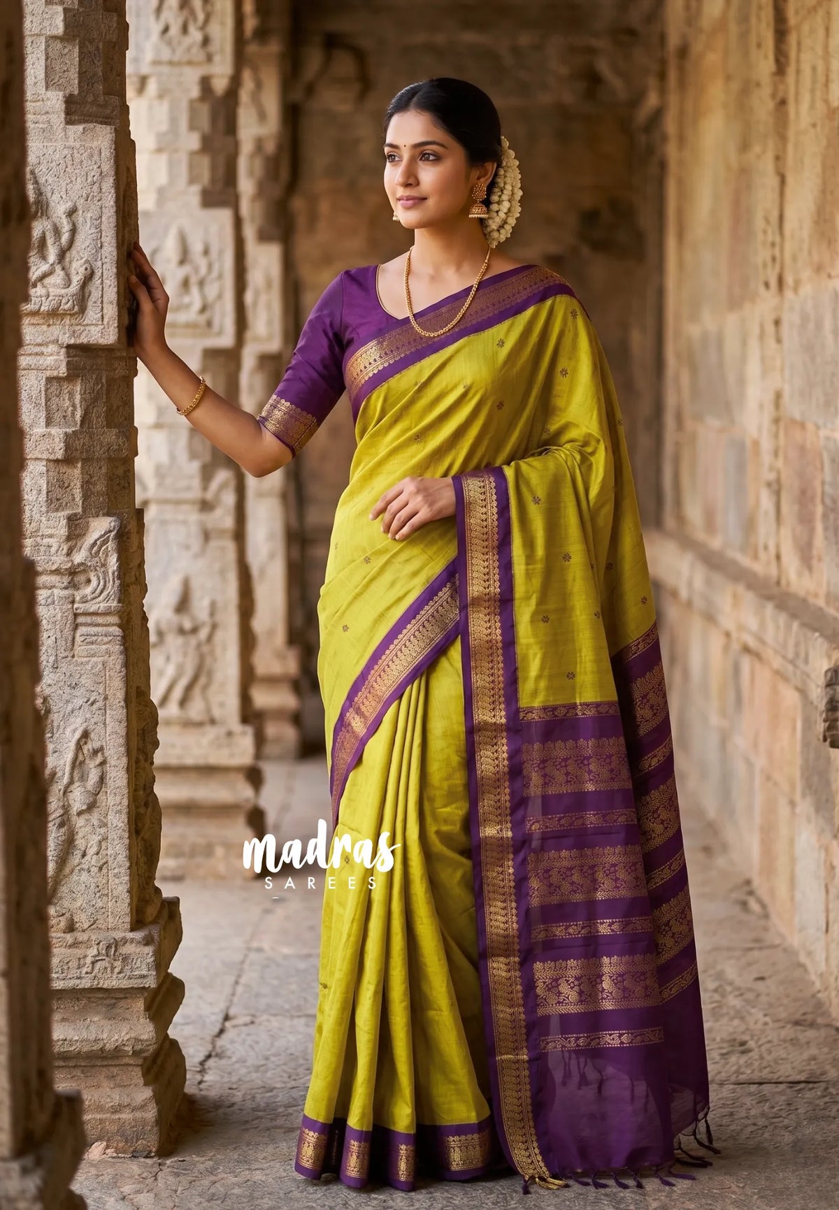 Soft Lime green with purple-D2 - Vintage Gadwal silk cotton with contrast pallu - Best for Wedding Functions