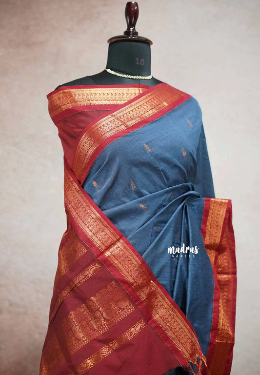 Greyish blue - Vintage Gadwal silk cotton with contrast pallu