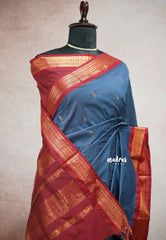 Greyish blue - Vintage Gadwal silk cotton with contrast pallu
