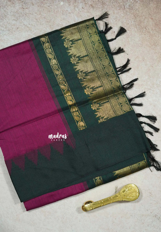 Magenta Purple - Vintage Gadwal silk cotton with Temple Border