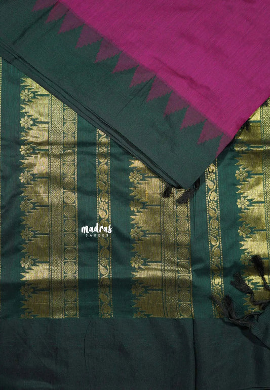 Magenta Purple - Vintage Gadwal silk cotton with Temple Border