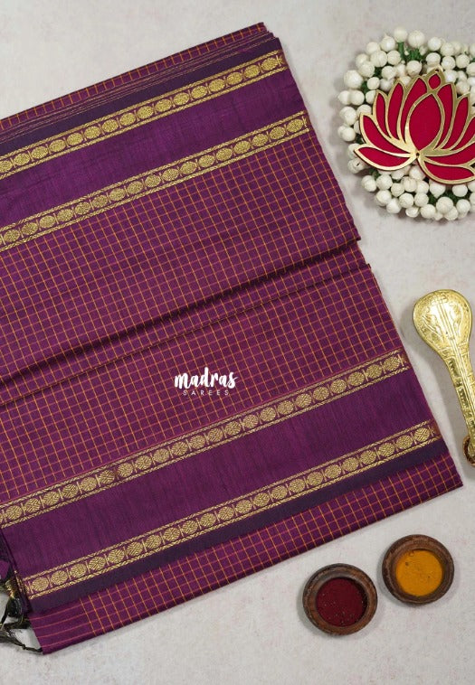Magenta Purple - Vintage Gadwal silk cotton with Muthu kattam check body Traditional Border - best for temple visit