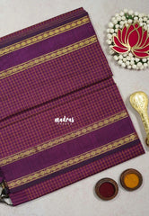Magenta Purple - Vintage Gadwal silk cotton with Muthu kattam check body Traditional Border - best for temple visit