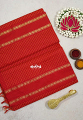 Tomato Red - Vintage Gadwal silk cotton with Muthu kattam check body Traditional Border - Best for Temple Visit