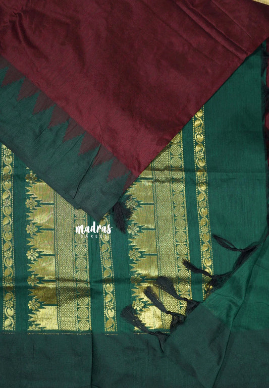 Deep Maroon - Vintage Gadwal silk cotton with Temple Border