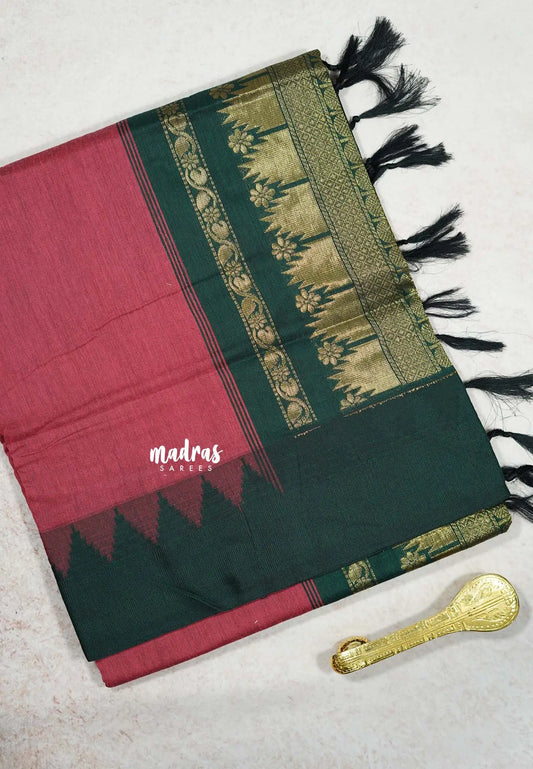 Rosewood Pink - Vintage Gadwal silk cotton with Temple Border