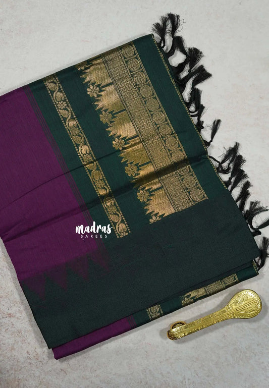 Magenta Purple - Vintage Gadwal silk cotton with Temple Border