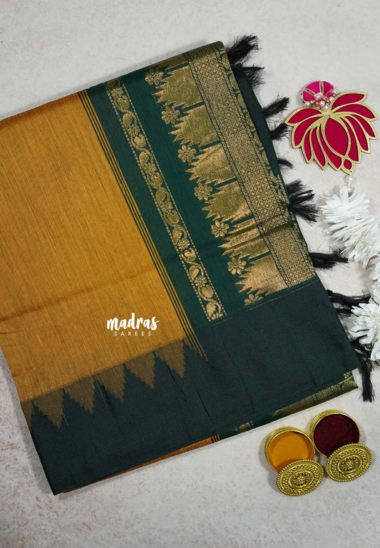 Mustard Yellow - Vintage Gadwal silk cotton with Temple Border