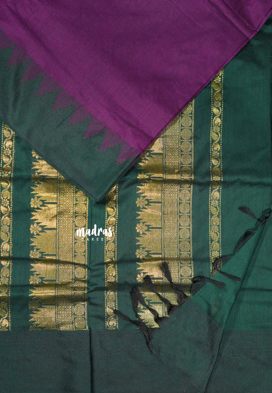 Magenta Purple - Vintage Gadwal silk cotton with Temple Border