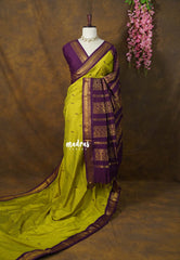 Soft Lime green with purple-D2 - Vintage Gadwal silk cotton with contrast pallu - Best for Wedding Functions