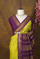 Soft Lime green with purple-D2 - Vintage Gadwal silk cotton with contrast pallu - Best for Wedding Functions