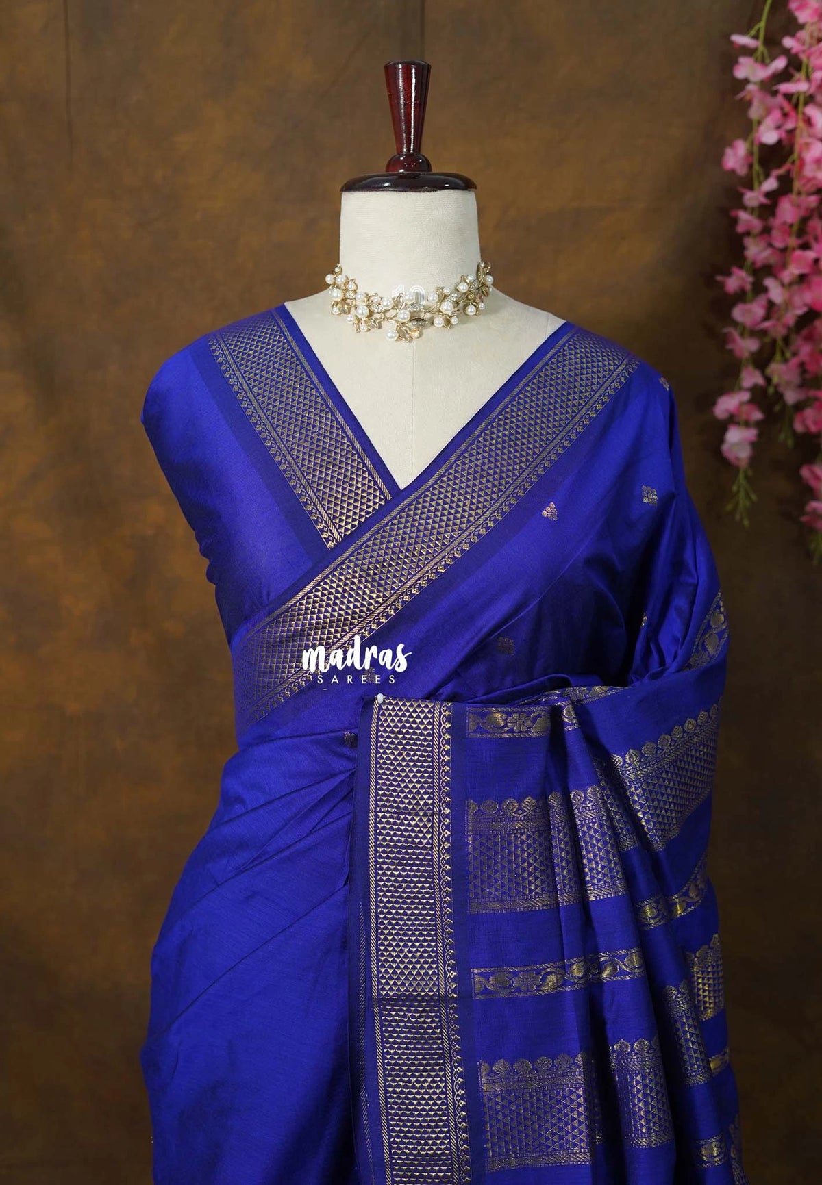 MS Amma Blue - Vintage Gadwal Semi Silk Cotton Muhurtham Getti Border with Buttas - Perfect for Small Functions