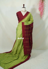 Pastel Lime Green with Maroon - Vintage Gadwal Silk Cotton with Temple Border - Best for Small Functions