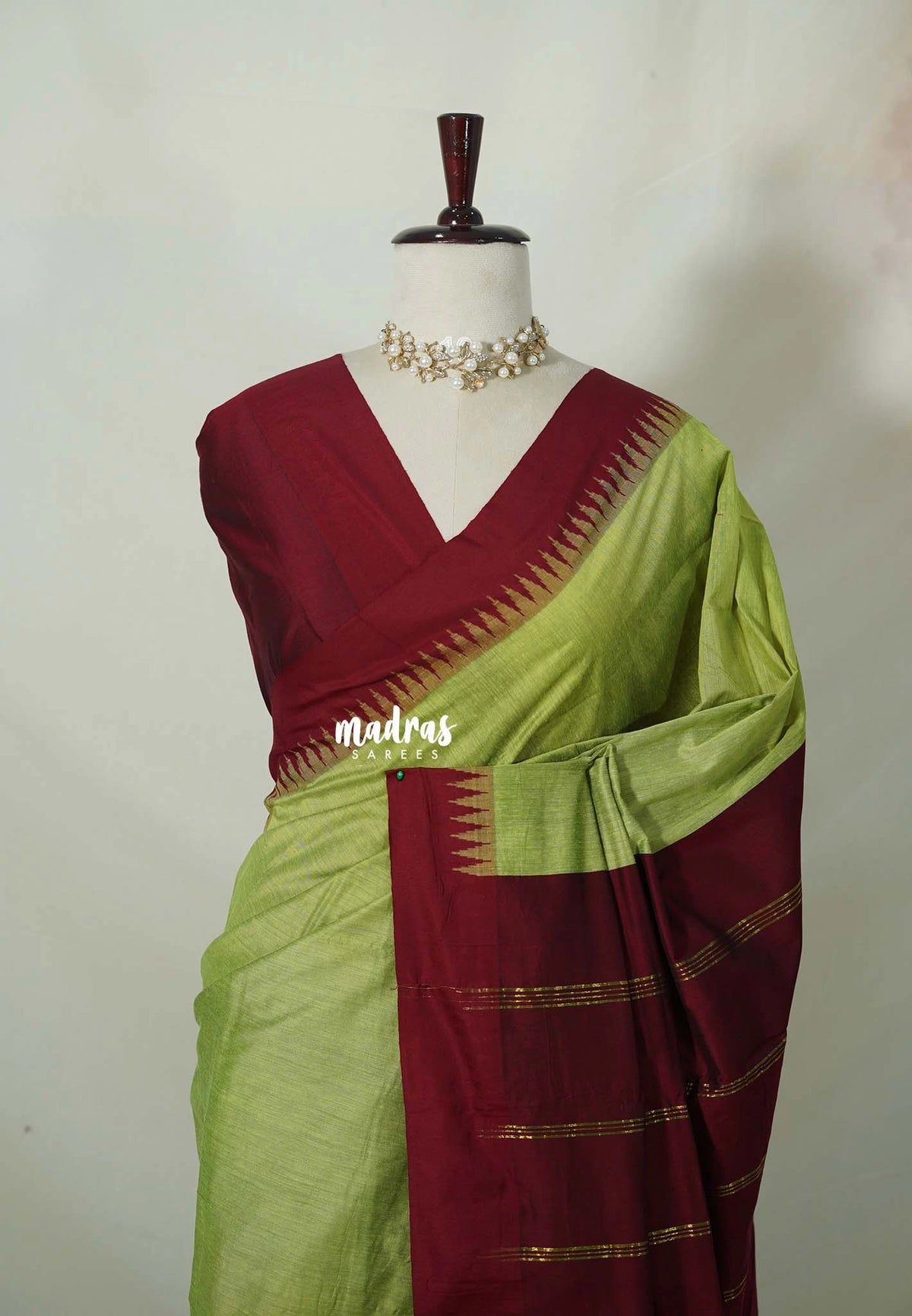 Pastel Lime Green with Maroon - Vintage Gadwal Silk Cotton with Temple Border - Best for Small Functions