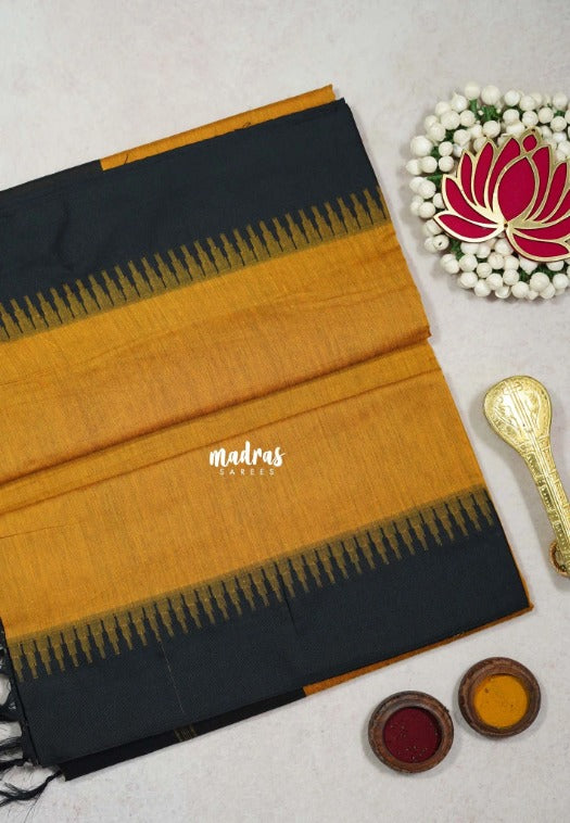 Mustard Yellow with Black - Vintage Gadwal Silk Cotton with Temple Border - Best for Small Functions