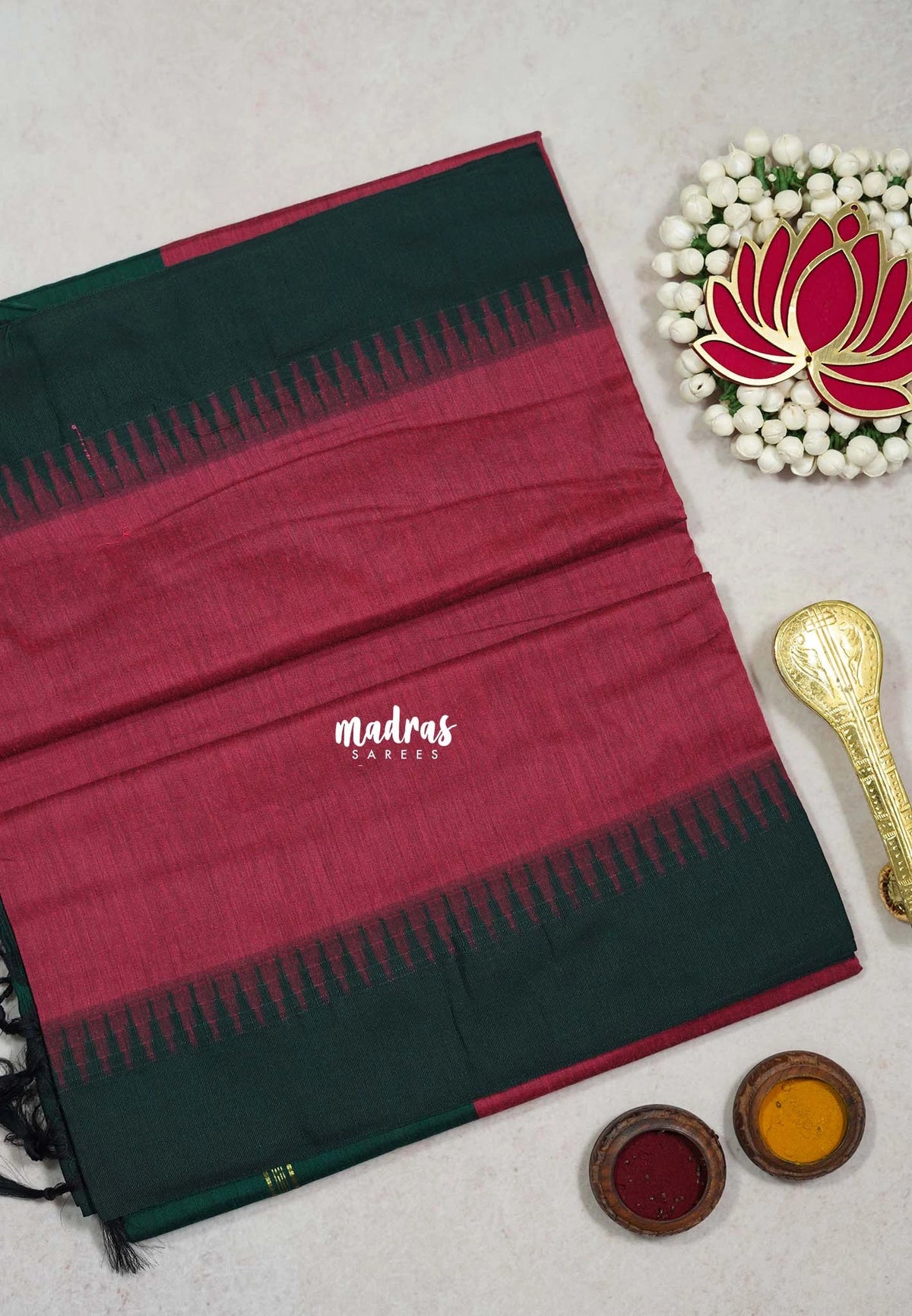 Rosewood Maroon with Green - Vintage Gadwal Silk Cotton with Temple Border - Best for Small Functions