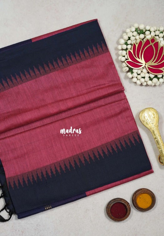 Rosewood Pink with Blue - Vintage Gadwal Silk Cotton with Temple Border - Best for Small Functions