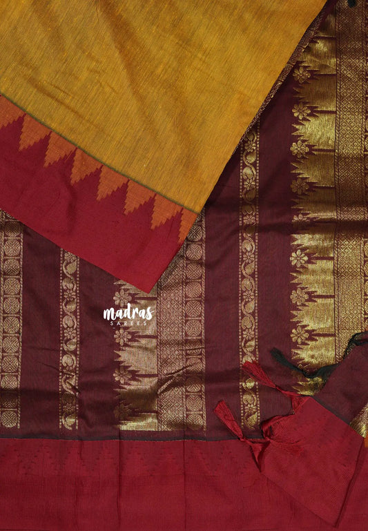 Mustard Yellow with Green - Vintage Gadwal silk cotton with Temple Border